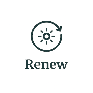 Renew Icon of a sun with a circular arrow, accompanied by the word "Renew".