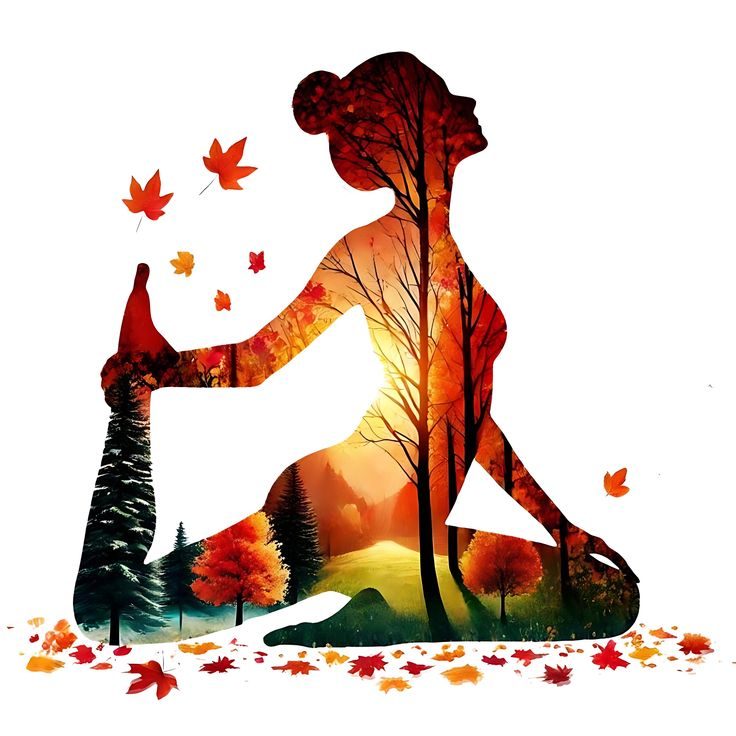 Holistic Wellness Silhouette of a woman in a meditative pose with autumn landscapes and falling leaves.