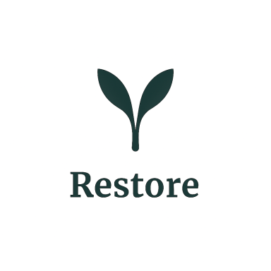 Restore Logo featuring a simplistic leaf design above the word "Restore".